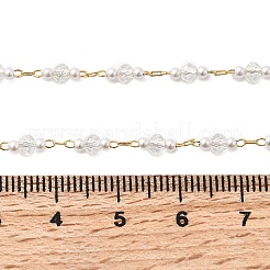 ハンドメイドの真鍮、ファセット加工のロンデルガラス、イミテーションパールのリンクチェーンネックレス（女性用）  ニッケルフリー  透明  18KGP本金メッキ  18-1/4インチ（46.5cm）&nbsp;NJEW-F353-01G