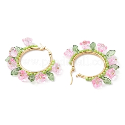 ガラスの花のフープピアス  304ステンレススチールイヤリングフィンガー付き  ゴールドカラー  ピンク  40x9x47mm&nbsp;EJEW-TA00589-03