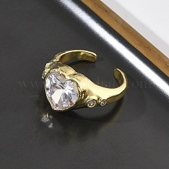 真鍮製パヴェキュービックジルコニアカフオープンリング（女性用）  ハート  ガラスと  長持ちメッキ  ラックめっき  18KGP本金メッキ  透明  11mm  usサイズ7 3/4(17.9mm)&nbsp;RJEW-L343-08G-01