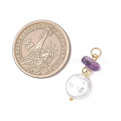 フラットラウンドいABSプラスチック製の模造真珠ペンダント  宝石チップ、非磁性合成ヘマタイトビーズ、304ステンレス鋼付き  18KGP本金メッキ  22.5~24x12x5.5~7.5mm  丸カン：5x0.8ミリ  内径：3.3mm&nbsp;PALLOY-JF05020