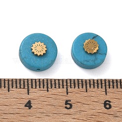 ナチュラルターコイズビーズ  304ステンレス鋼スライス付きフラットラウンド型  ゴールドカラー  太陽  10x4mm  穴：0.8mm&nbsp;GG-CBAE0A1-01G-01