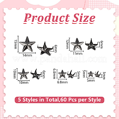 300個 5スタイル アイアンスタッドリベット  DIYレザークラフト用  スター  ガンメタ色  5~14x5~15x5~6mm  60個/スタイル&nbsp;IFIN-HY0001-13