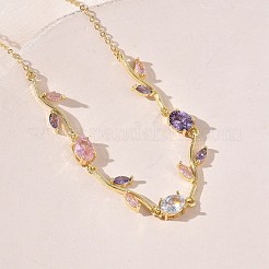真鍮パヴェキュービックジルコニアローズフラワーリンクアズキチェーンネックレス（女性用）  長持ちメッキ  ラックめっき  カドミウムフリー＆鉛フリー  18KGP本金メッキ  カラフル  16.34インチ（41.5cm）&nbsp;NJEW-C121-05A-01G