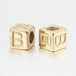 304 ステンレススチール 大きな穴文字 ヨーロッパ ビーズ  水平穴  文字.b付きのキューブ  ゴールドカラー  8x8x8mm  穴：5mm&nbsp;X-STAS-H428-01G-B