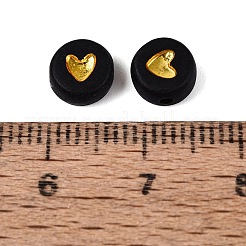 不透明なアクリルビーズ  フラットラウンド＆ハート  ゴールドライン入り  ブラック  7x3.5~4mm  穴：1.5mm  約3570個/500g&nbsp;AC-N167-04B