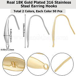 100個2色316ステンレススチールピアスフック  垂直ループ付き  耳ワイヤー  ミックスカラー  20.5x4.5mm  穴：1.2mm  50個/カラー&nbsp;STAS-BBC0004-89