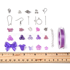 DIY ジュエリーセット ファインディングキット  ステンレススチールのピアスフックとピンを含む  合金の留め金  ガラス＆アクリルビーズ  伸縮性のある糸  パープル&nbsp;DIY-FS0008-57
