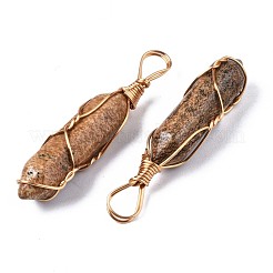 天然画は大きなペンダントジャスパー  ゴールデン真鍮パーツ  六角形のプリズム  44.5~52x10~11x9.5~10.5mm  穴：4x7mm&nbsp;G-T122-70D