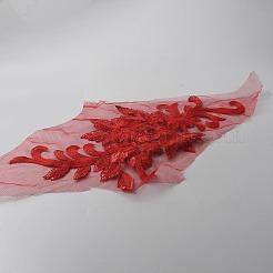 花のアップリケに縫い付けられた3Dフラワーポリエステル刺繍  プラスチックのラインストーンとスパンコール付き  ウェディングドレスの縫製工芸品の装飾  チョンサム  レッド  385x205x7mm&nbsp;PATC-WH0008-32