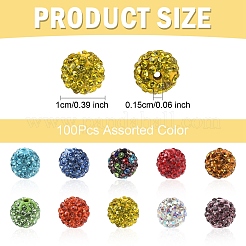 パヴェボールディスコビーズ  樹脂粘土ラインストーンビーズ  ラウンド  ミックスカラー  pp13（1.9~2mm）  6列ラインストーン  10mm  穴：1.5mm  100個/セット&nbsp;RB-YW0001-16A