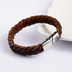 トレンディな革組紐ブレスレット  304ステンレススチール製マグネット留め具付き  ミックスカラー  215x12x6mm&nbsp;BJEW-P128-05