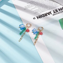 ランプワーク フラワー & ガラス & チェーン タッセル ロング ダングル フープ イヤリング  女性のための金メッキ真鍮ドロップイヤリング  カラフル  42mm  ピン：0.9mm&nbsp;EJEW-TA00138