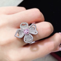 女性用真鍮ラインストーン指輪  花  プラチナ  usサイズ7（17.3mm）&nbsp;FS-WGC1A7E-02