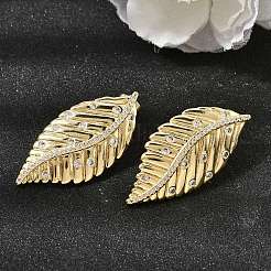葉っぱ模様の真鍮製クリアキュービックジルコニアスタッドピアス（女性用）  ゴールドカラー  39.5x19mm&nbsp;EJEW-A162-05G