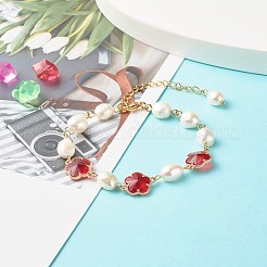 女の子の女性のための梅の花の花のガラスのリンクブレスレット  ナチュラルパールビーズブレスレット  ゴールドカラー  レッド  7-1/8インチ（18cm）&nbsp;X1-BJEW-TA00017-02