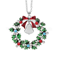 クリスマスリースとクリスマスベル合金のカラフルなラインストーンペンダントネックレス  濃い赤と緑  プラチナ  17.72インチ（45cm）&nbsp;WG06691-08