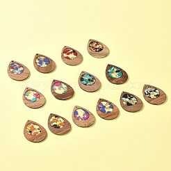 14個7色のクルミ材樹脂ペンダント  グリッターパウダー付き  染色されていない  ティアドロップチャーム  ミックスカラー  38x25.5x3mm  穴：2mm&nbsp;WOOD-FS0001-31