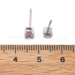 女性用フラットラウンド真鍮パヴェキュービックジルコニアスタッドピアス  カドミウムフリー＆鉛フリー  長持ちメッキ  ラックめっき  プラチナ  ピンク  4mm&nbsp;EJEW-G428-29C-03