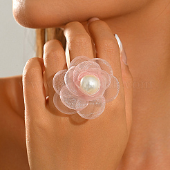 シフォン素材にプラスチックパールの指輪が付いた女性用指輪  花  ピンク  16~18mm&nbsp;XQ9924-1