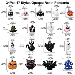 34個17スタイル不透明樹脂ペンダント  ハロウィンチャーム  プラチナトーンの鉄ループ付き  蜘蛛＆猫＆かぼちゃ＆帽子＆コウモリ＆ドクロ柄  ミックスカラー  21~29x12~27x5~8mm  穴：1.8mm  2個/スタイル&nbsp;RESI-CJ0003-05