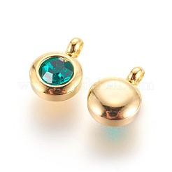 304ステンレススチールラインストーンチャーム  5月の誕生石チャーム  フラットラウンド  エメラルド  9.3x6.5x4mm  穴：2mm&nbsp;X-STAS-P237-10G-12