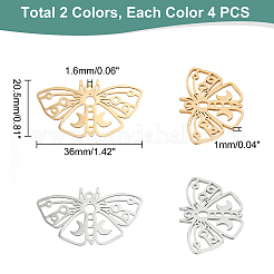 8個2色201ステンレスペンダント  レーザー切断  中空  蛾  ゴールデン·ステンレス鋼色  20.5x36x1mm  穴：1.6mm  4個/カラー&nbsp;STAS-DC0007-01