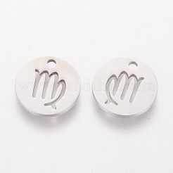 変色しない304ステンレススチールチャーム  星座/星座とフラットラウンド  乙女座  12x1mm  穴：1.5mm&nbsp;STAS-Q201-T095-6