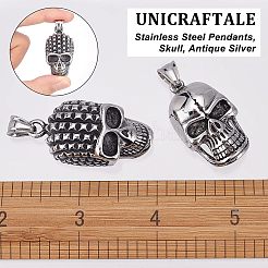 3個3スタイル304ステンレススチールペンダント  スカル  アンティークシルバー  35.5~40.5x19~24x12.5~15mm  穴：6mm  1個/スタイル&nbsp;STAS-UN0037-56