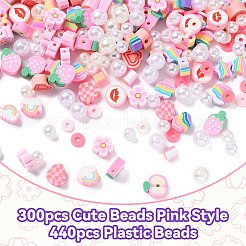 DIYジュエリー作りの発見キット  ポリマー粘土と ABS プラスチック模造パールビーズを含む  ハート＆フラワー＆スター＆リンゴ＆レインボー  ピンク&nbsp;DIY-YW0007-81
