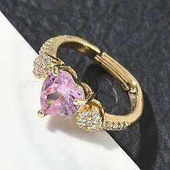 女性用真鍮製調節可能指輪  ピンクのハートと透明なキュービックジルコニア付き  長持ちメッキ  ゴールドカラー  9mm  内径：17mm&nbsp;CU-CBA7E55-05G