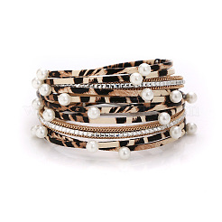 ヒョウ柄フェイクスエードレザーマルチ連ブレスレット  女性用アクリルパールジュエリー  カーキ  15-3/8インチ（39cm）&nbsp;WG13214-14