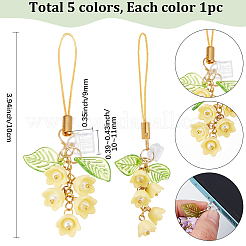 アクリル＆ガラスパール携帯ストラップ 5色 5個  花  PVCモバイル防塵プラグ付き  ゴールドカラー  ミックスカラー  100mm  1pc /カラー&nbsp;HJEW-SC0002-89