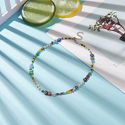 女性のための天然真珠 & ミッレフィオーリ & シード ガラス ビーズ ネックレス  カラフル  16.26インチ（41.3cm）&nbsp;NJEW-JN04160