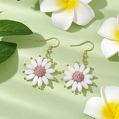 天然の溶岩石の花のダングルイヤリング  真鍮製のピアスフック付き  ゴールドカラー  ピンク  47x27.5mm&nbsp;EJEW-TA00568-01