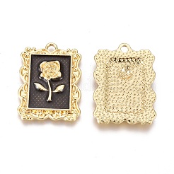 合金ペンダント  エナメル  バラの花の長方形  ゴールドカラー  ブラック  27.5x19.5x3.5mm  穴：2mm&nbsp;X-ENAM-R053-002B