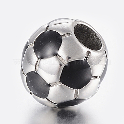 304ステンレススチールヨーロピアンエナメルビーズ  大穴ビーズ  サッカー/サッカーボール  ブラック  アンティークシルバー  13x12mm  穴：5mm&nbsp;STAS-H446-143AS
