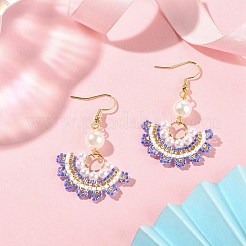 ガラスビーズのファンとイミテーションパールのダングルイヤリング  女性用ゴールデン 304 ステンレススチール ジュエリー  藤紫色  51mm  ピン：0.8mm&nbsp;EJEW-MZ00067-01