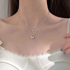 女性用蝶合金クリスタルラインストーンペンダント二重層ネックレス  プラチナ  18.70インチ（47.5cm）&nbsp;WGB64F3-01
