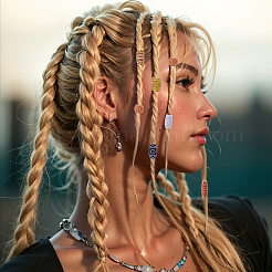 木製編み込みヘアクリップ  不透明樹脂のヨーロッパビーズ付き  ヘアリング 編み込みアクセサリー  ミックスカラー  15~29.5x10.5~12mm  穴：6mm&nbsp;FIND-GL0002-18