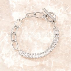 304ステンレススチールパヴェクリアキュービックジルコニアリンクブレスレット  女性用ペーパークリップチェーンブレスレット  長方形  ステンレス鋼色  6.69インチ（17cm）&nbsp;BJEW-D460-10P