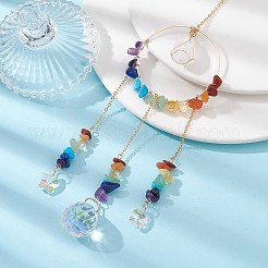 チャクラジェムストーンチップと真鍮リングペンダント装飾  星と丸いガラスチャーム付き  家の装飾用  260mm  穴：10mm&nbsp;HJEW-JM01284
