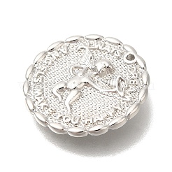 真鍮チャーム  エンジェルチャーム付きフラットラウンド  プラチナ  16x2.5mm  穴：0.8mm&nbsp;KK-H507-03P