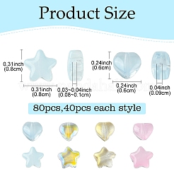 80 個 2 スタイル透明スプレー塗装ガラスビーズ  グリッターパウダー付き  星/ハート  ライトスカイブルー  6~8x6~8x4mm  穴：0.8~1mm  40個/スタイル&nbsp;GLAA-YW0003-72A