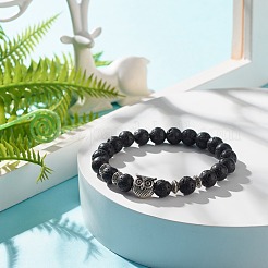 天然溶岩ロックラウンドビーズストレッチブレスレット  女性のための合金フクロウとオイルディフューザーパワーストーンジュエリー  内径：2-1/4インチ（5.7cm）&nbsp;BJEW-JB07477