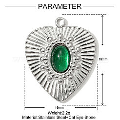 304ステンレススチールガラスペンダント  ハートチャーム  ステンレス鋼色  グリーン  19x16mm&nbsp;GLAA-OY001-38P