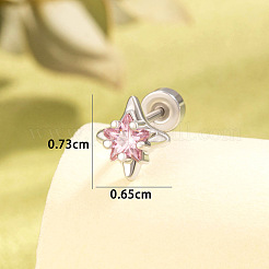 真鍮パヴェキュービックジルコニアスター軟骨イヤリング  304ステンレスピン付き  ステンレス鋼色  ピンク  7.3x6.5mm&nbsp;FS-WGEAB67-02