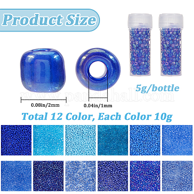 ガラスシードビーズ  ラウンド  ブルー  2~2.5x1.5~2mm  穴：0.8~1mm  12色  10 G /カラー&nbsp;SEED-SC0001-51B-05-1