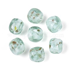 手作りゴールドパウダー入りランプワークビーズ  花と直方体  磁器と  ミディアムアクアマリン  12~13x10~11x10~11mm  穴：1.2~1.5mm