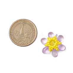 ビーズの花のチャーム  ラインストーンとガラスのシードビーズペンダント  丸カン付き  プラム  21.5x23x8mm  穴：3mm&nbsp;PALLOY-MZ00438-02