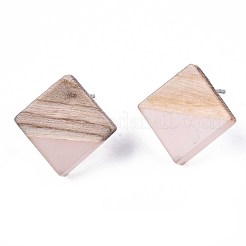 透明樹脂＆ウッドスタッドピアス  304ステンレスピン付き  菱形  ライトサーモン  17x18mm  ピン：0.7mm&nbsp;EJEW-N017-005A-A05